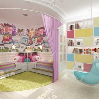 An example of a bright design of a nursery for two girls photo