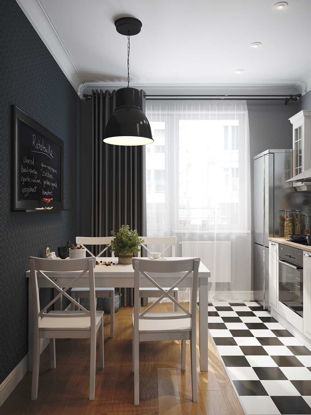 an example of a bright interior of a kitchen of 9 sq.m