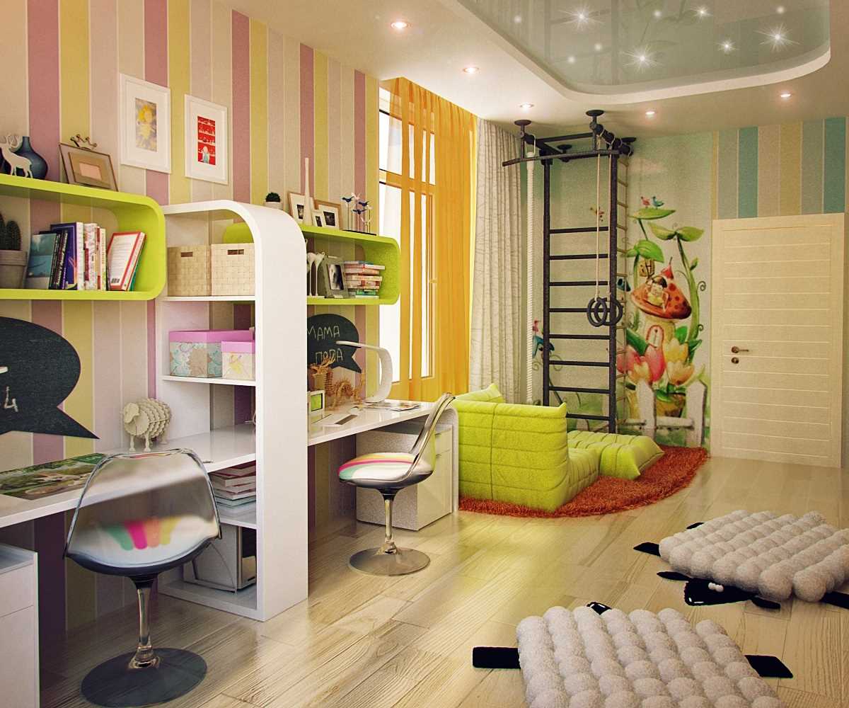 idea per un design luminoso di una camera per bambini per due ragazze