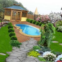 Variant of application of bright plants in landscape design at home photo
