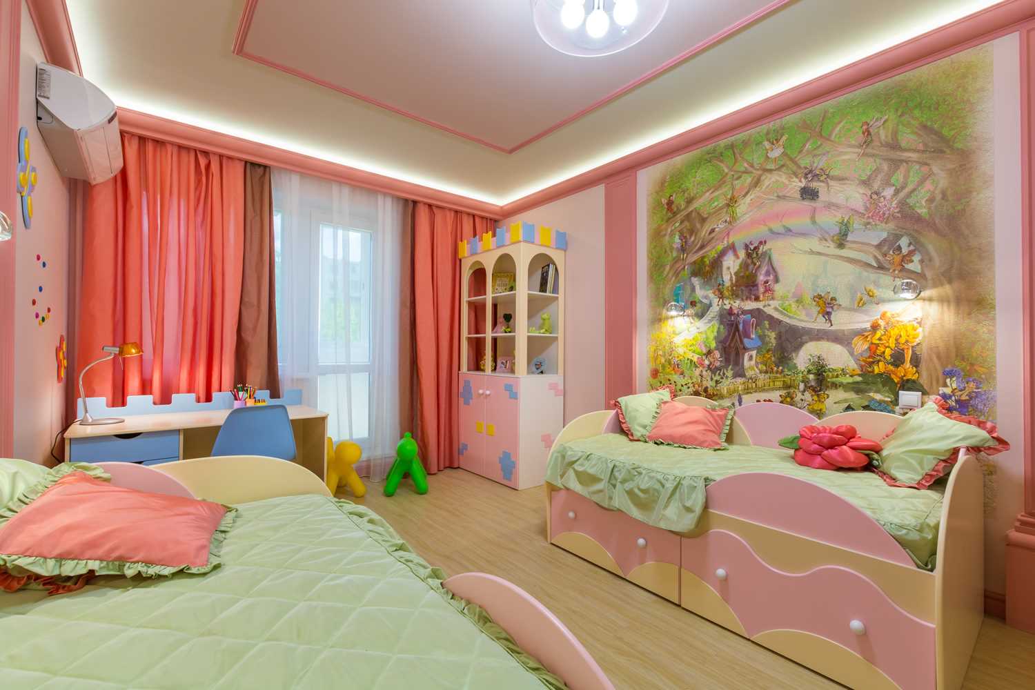 the idea of ​​a beautiful design of a children's room for two girls