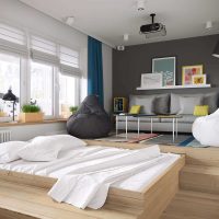 option of a bright interior of a bedroom of 18 sq.m. a photo
