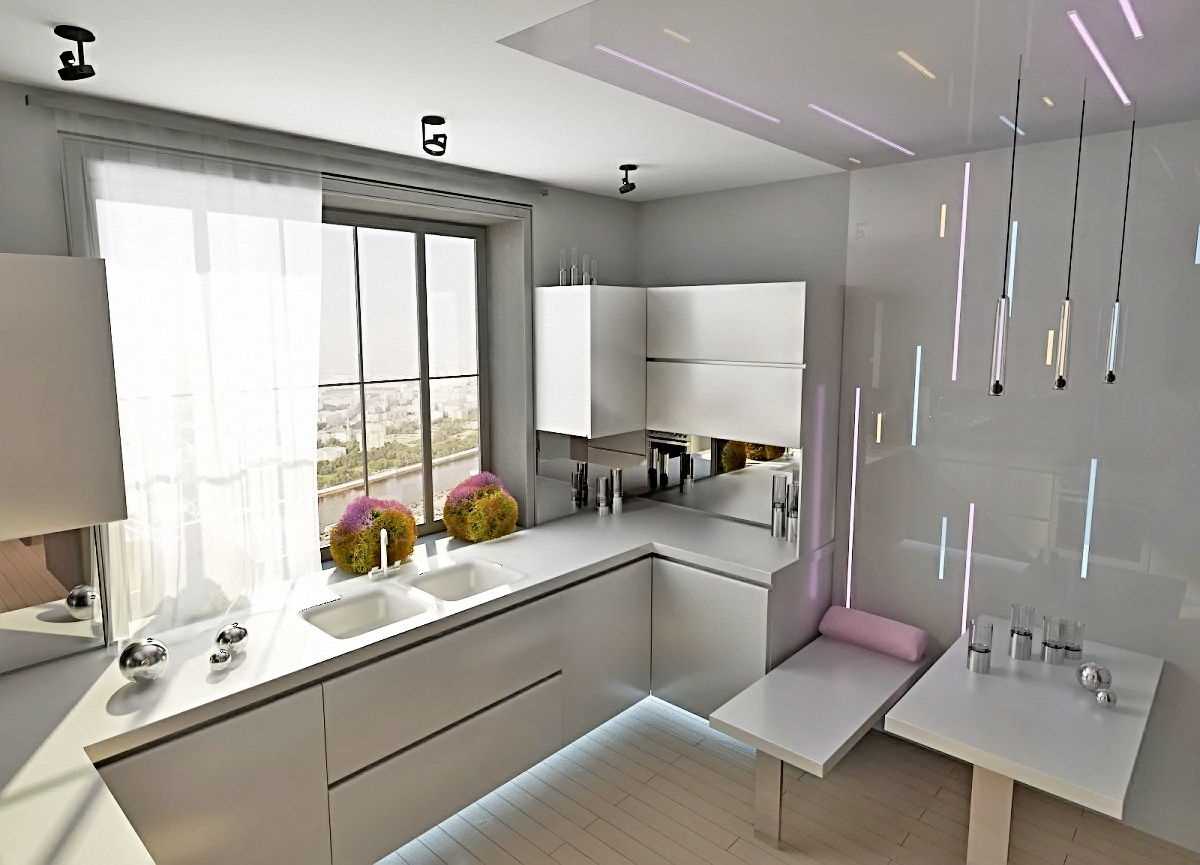 the idea of ​​a bright decor of the kitchen is 14 sq.m