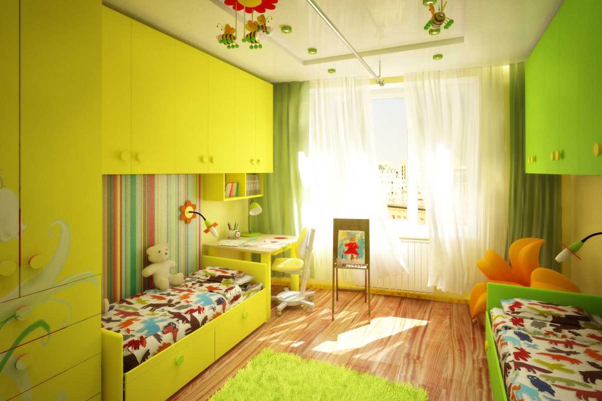 the idea of ​​a bright style of a children's room for two girls