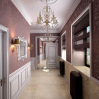 long corridor with a large chandelier