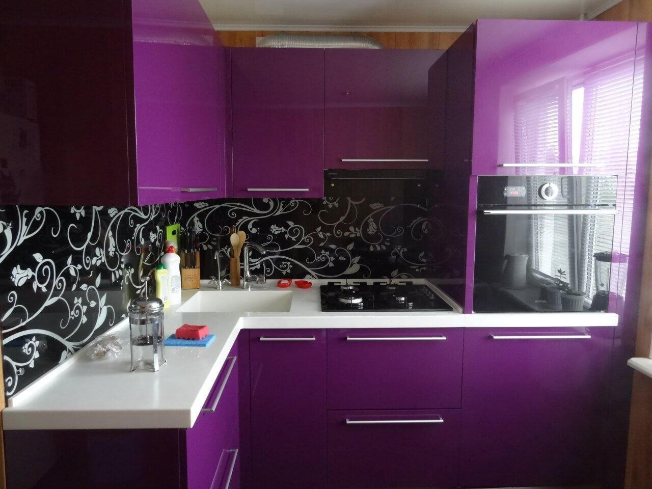 black and purple kitchen set