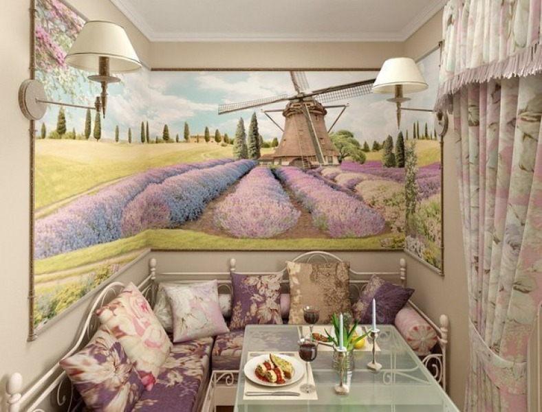 Wall mural in the kitchen with sofa