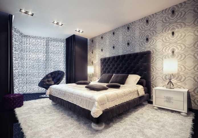 gray wallpaper in the bedroom