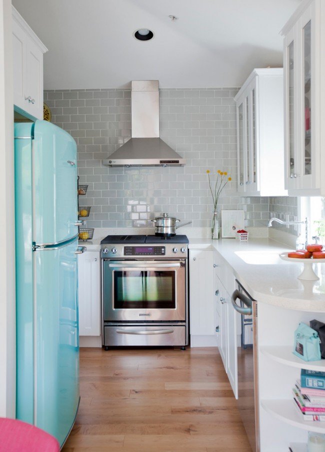blue fridge in the kitchen