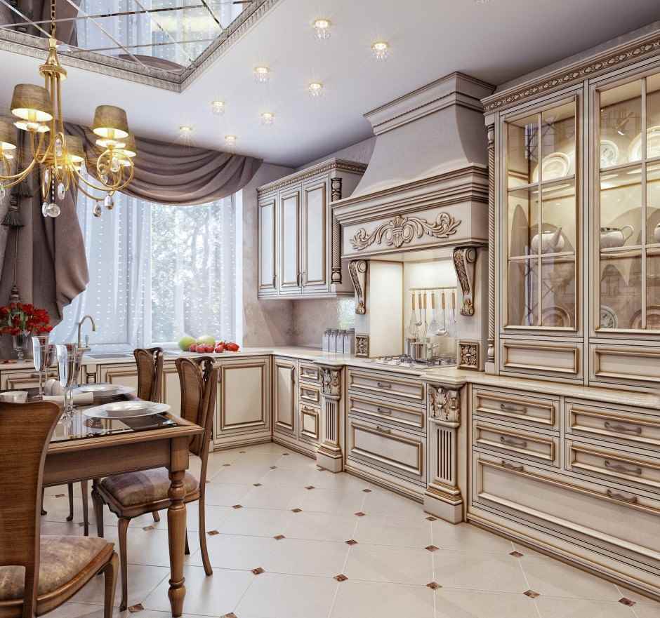 version of the unusual interior of the kitchen in a classic style