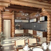 variant of the bright decor of the kitchen in a wooden house picture