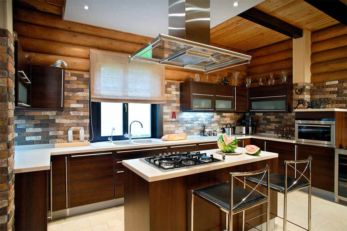 an example of an unusual style of kitchen in a wooden house