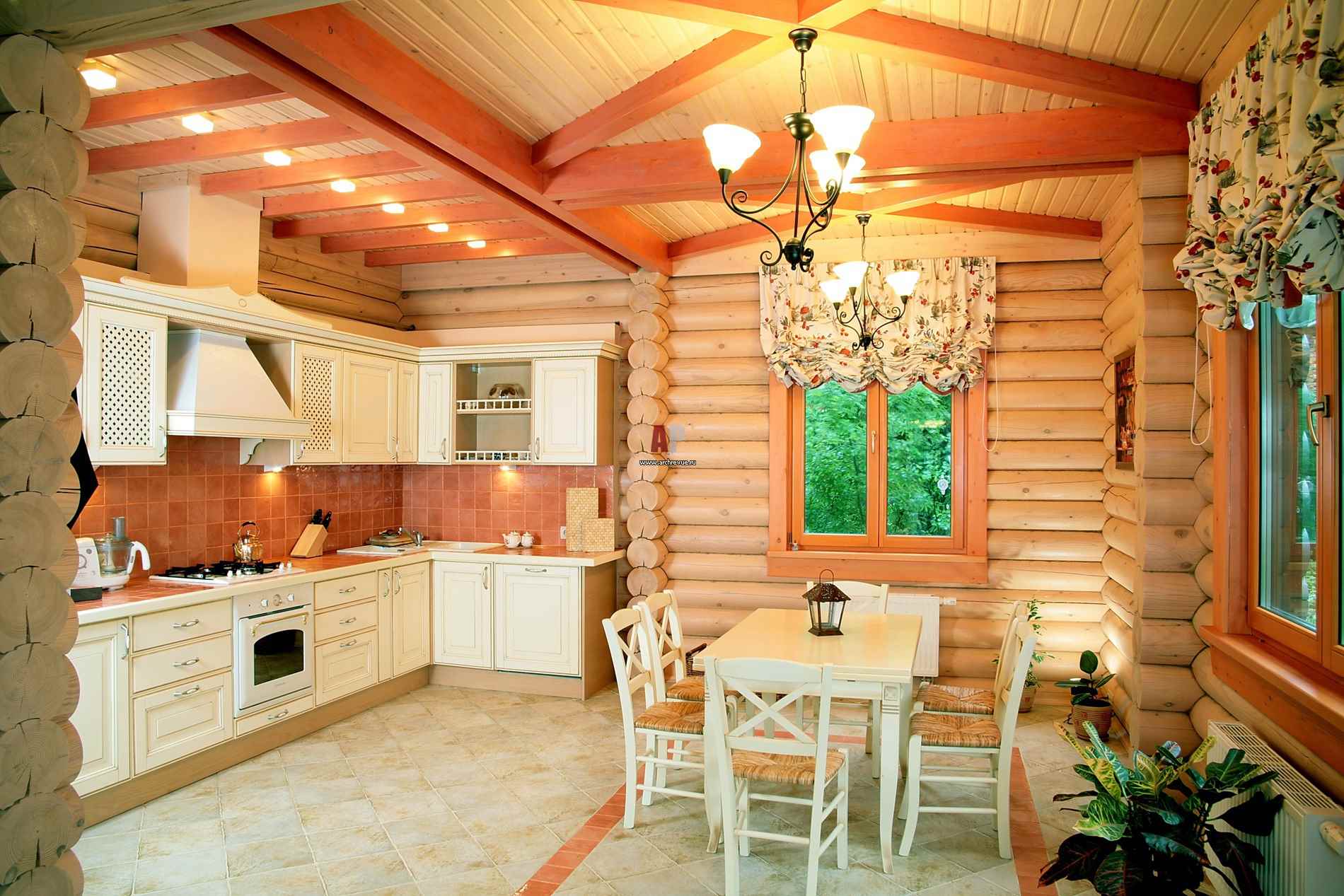 An example of a bright kitchen style in a wooden house