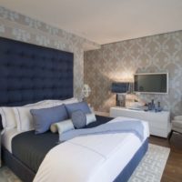 bedroom with gray wallpaper