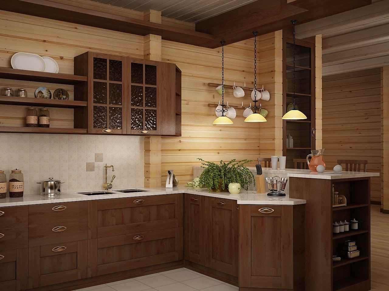 the idea of ​​a beautiful kitchen decor in a wooden house