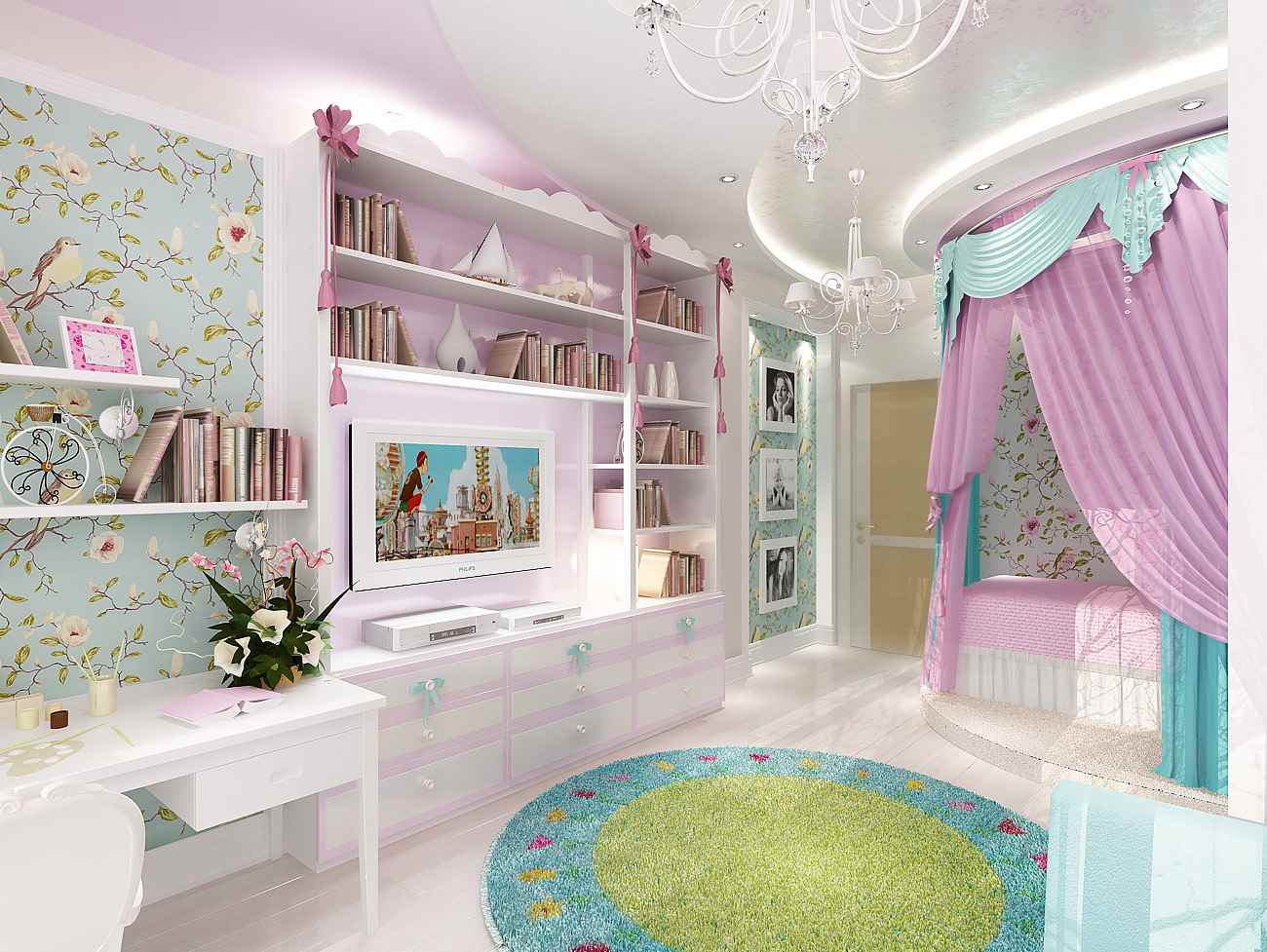 un esempio di un interno insolito di una stanza per bambini per una ragazza