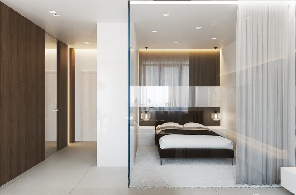 design of a studio apartment 33 m2 with a glass bedroom