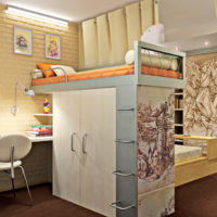 design one-room apartment with a children's bunk bed