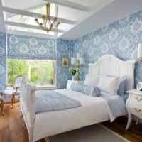 design of a small bedroom in blue and white colors