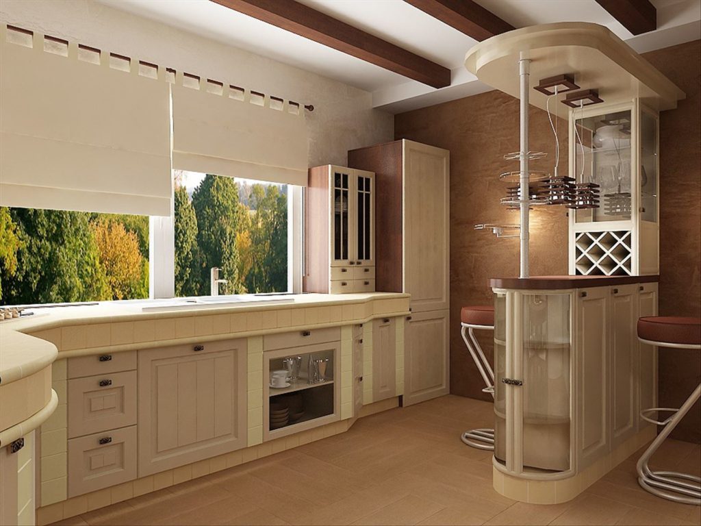 Кухонный гарнитур с окном посередине в частном доме дизайн