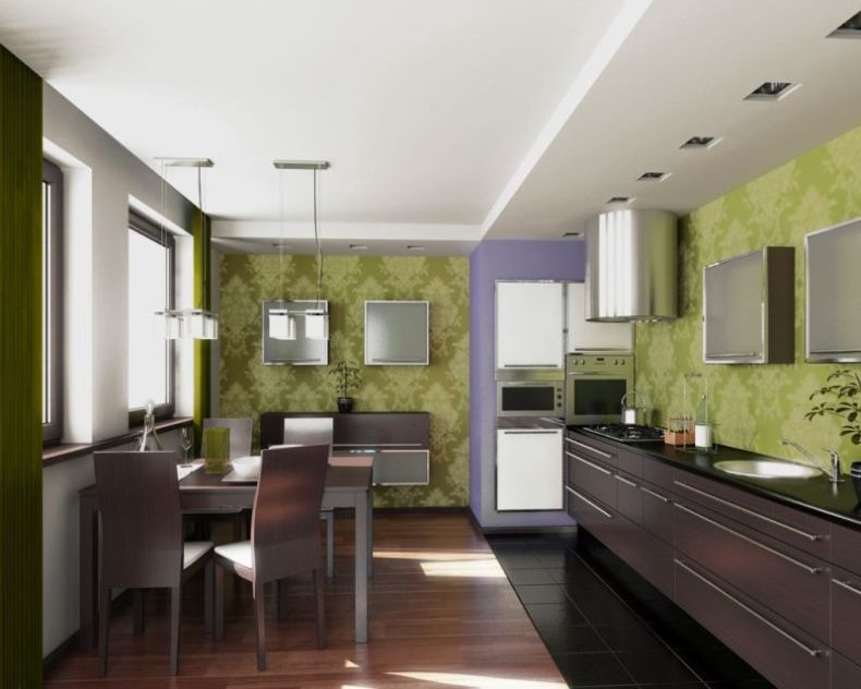 žali tapetai virtuvėje