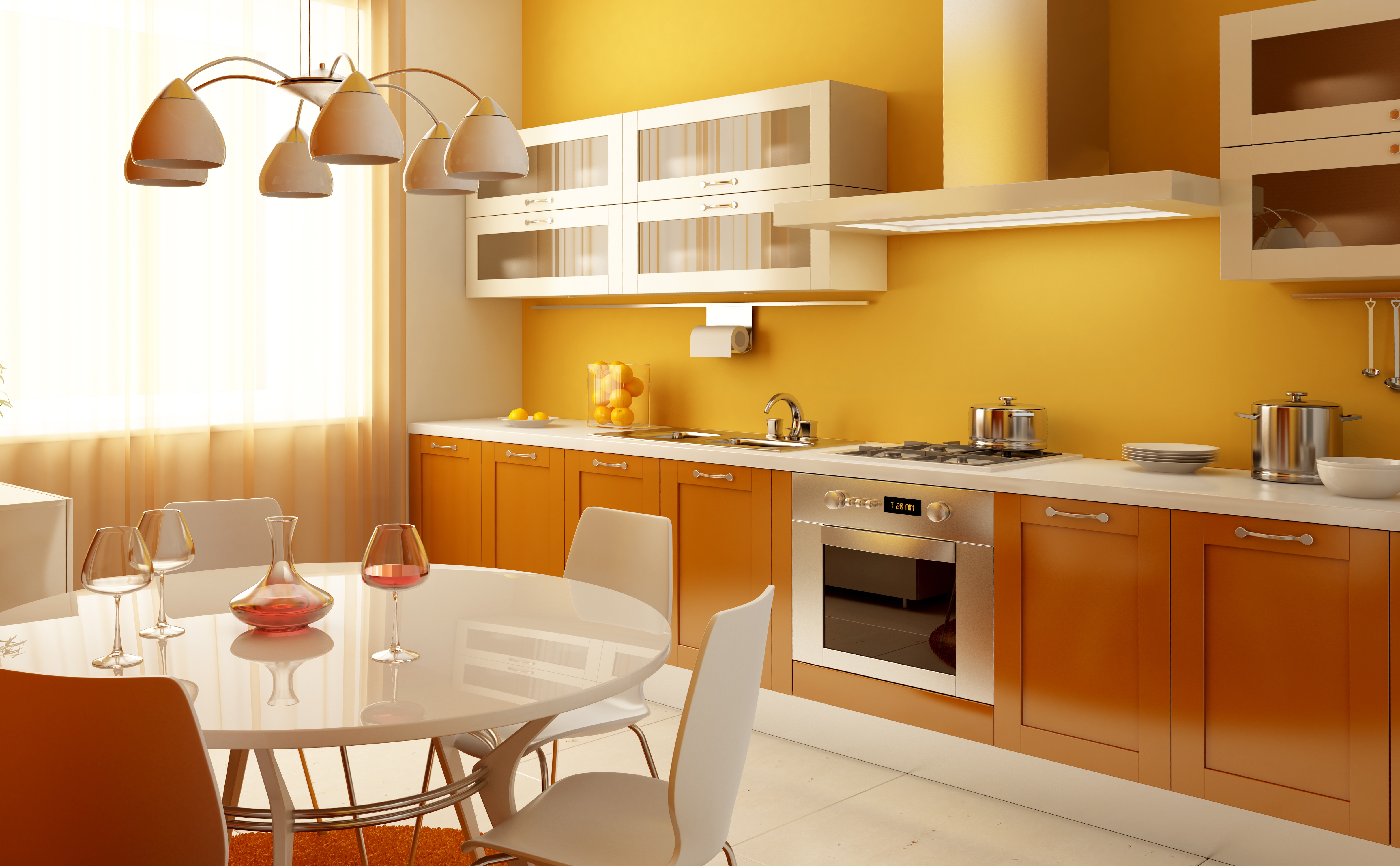 oranžiniai tapetai virtuvėje