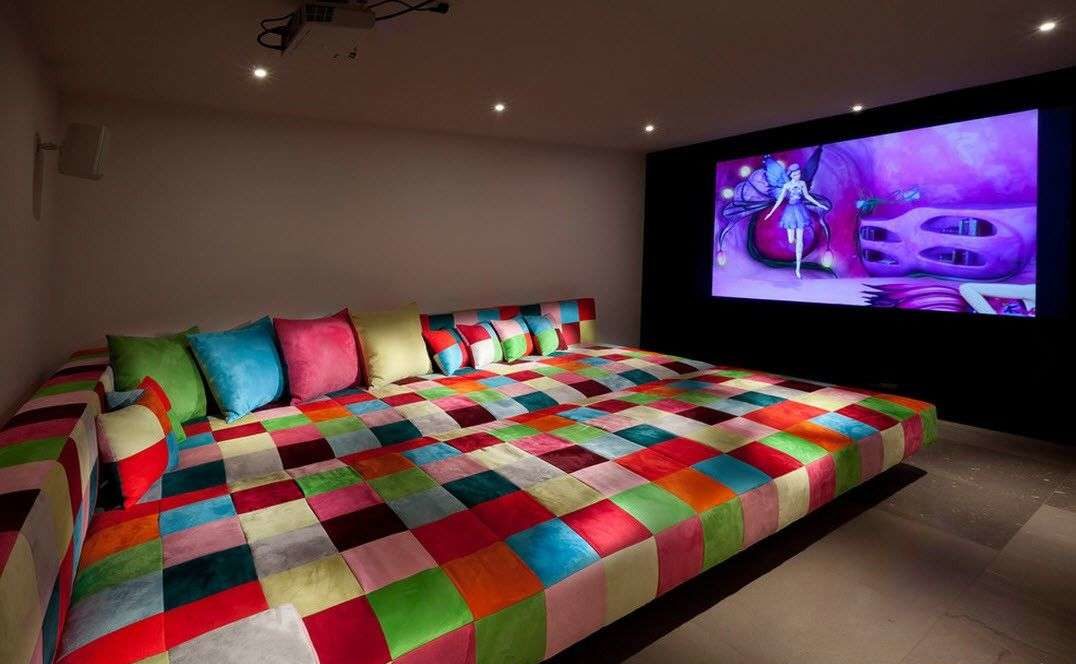 home theater with a large sofa
