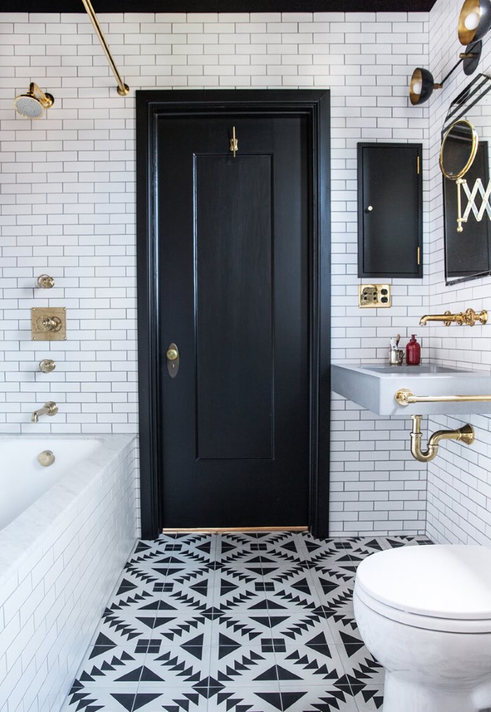 Interior design of the combined bathroom in black and white