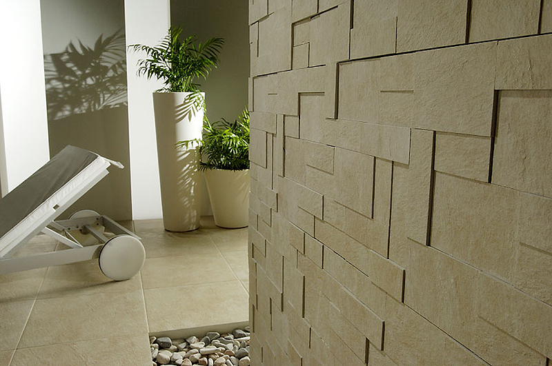 Artificial stone in the walls of the hallway