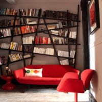 Tilt shelves for books over the sofa