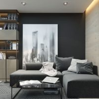 Living room design in gray and black colors.