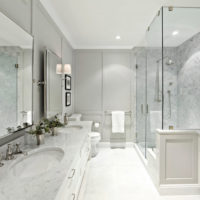 Murs gris clair à l'intérieur de la salle de bain combinée