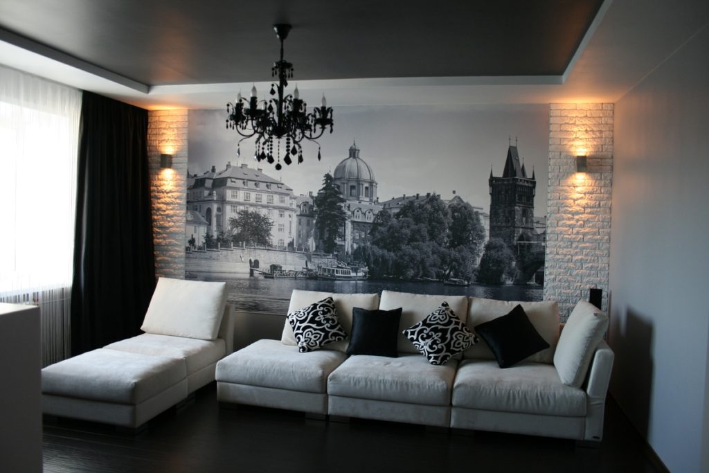 Black and white photo wallpaper on the living room wall