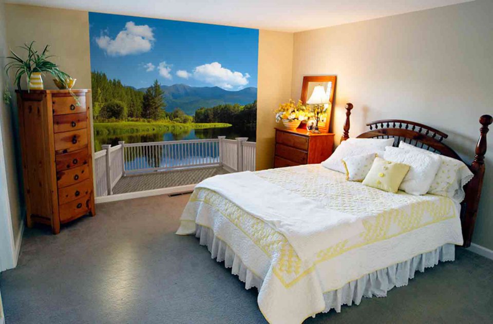 Wall mural with a vegetative landscape in the design of the bedroom