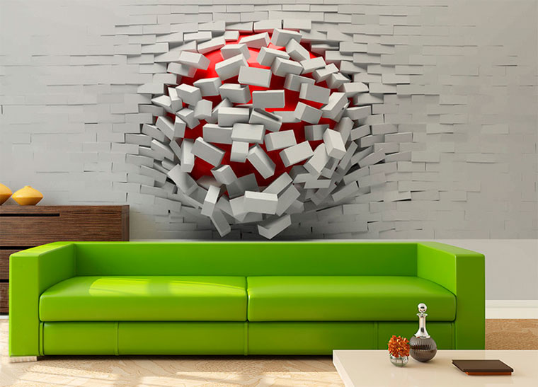Futuristic wallpaper in the design of the wall above the sofa