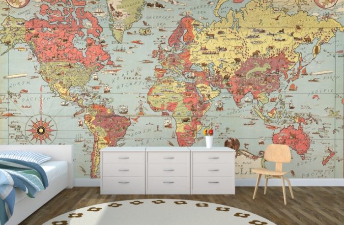 Wall mural in the form of a geographical map in the bedroom of a schoolboy