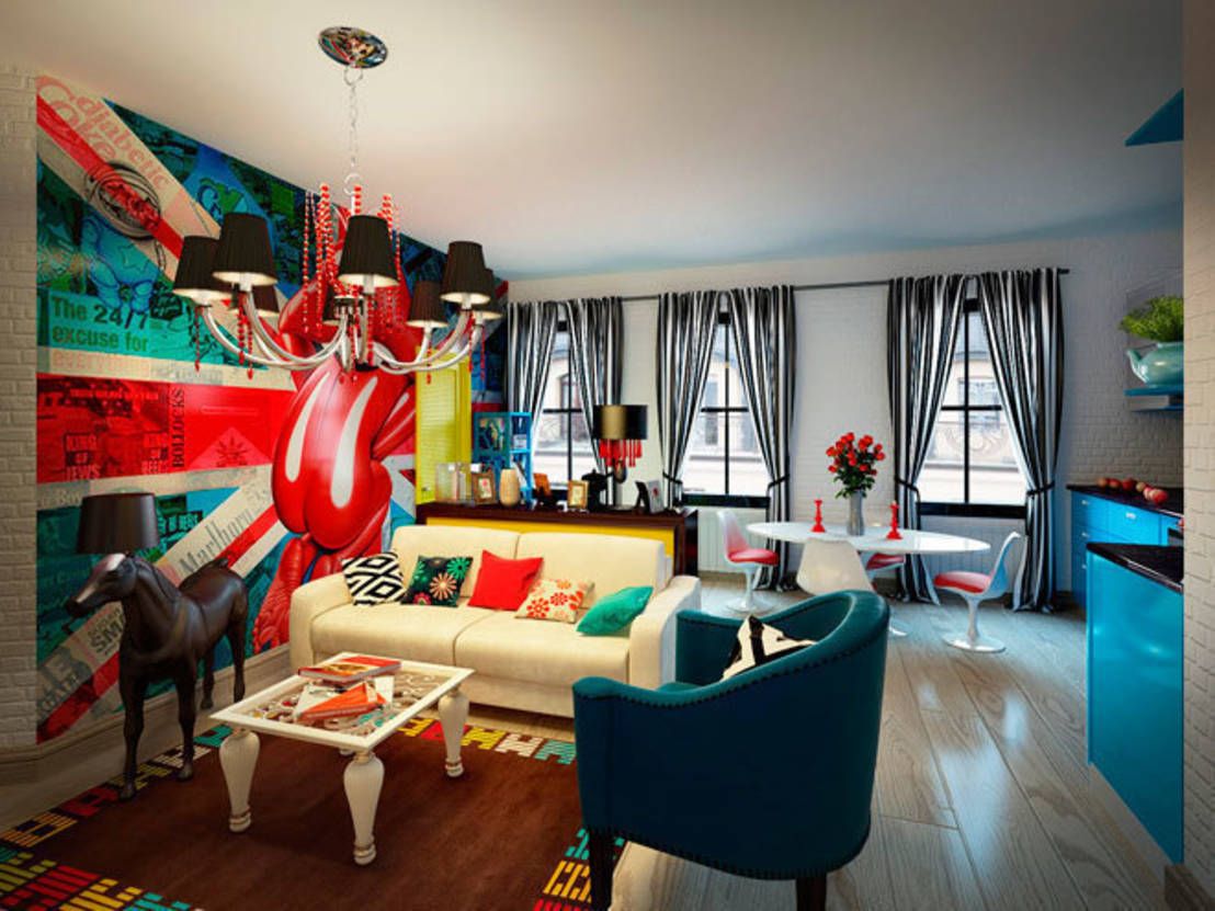an example of a bright interior apartment in the style of pop art