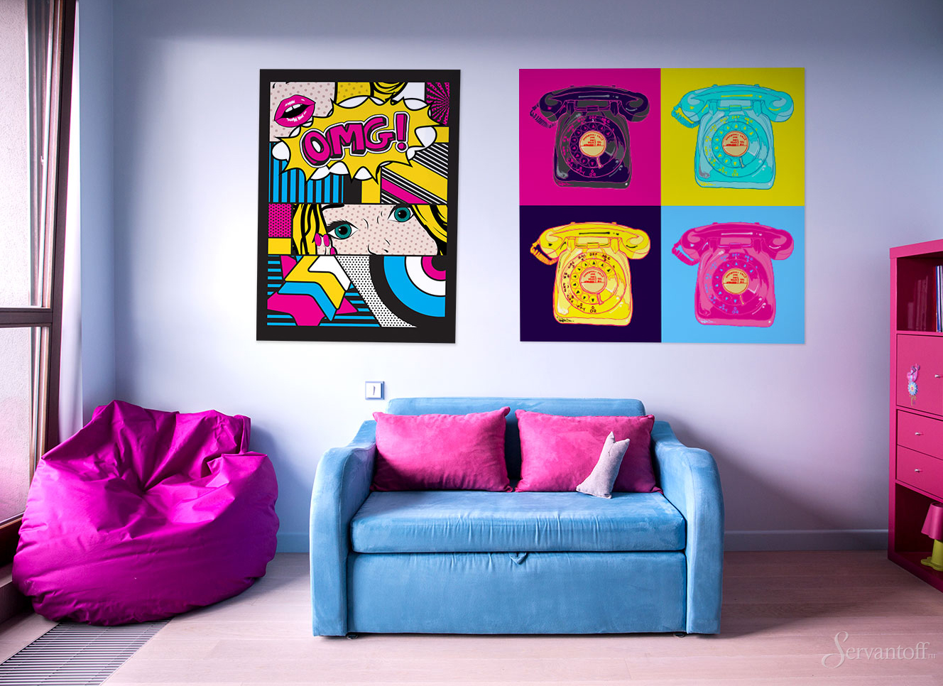 variant of the unusual interior of the room in the style of pop art