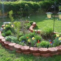 Home-made flower bed with tile borders
