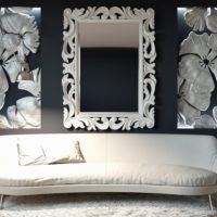 Mirror and mural on the living room wall