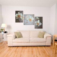 Paintings with flowers on the painted wall of the living room