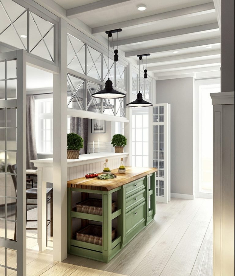 Glazed wooden partition in the provence style kitchen