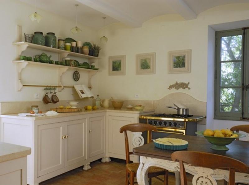 Open shelves in Provence style interior decoration