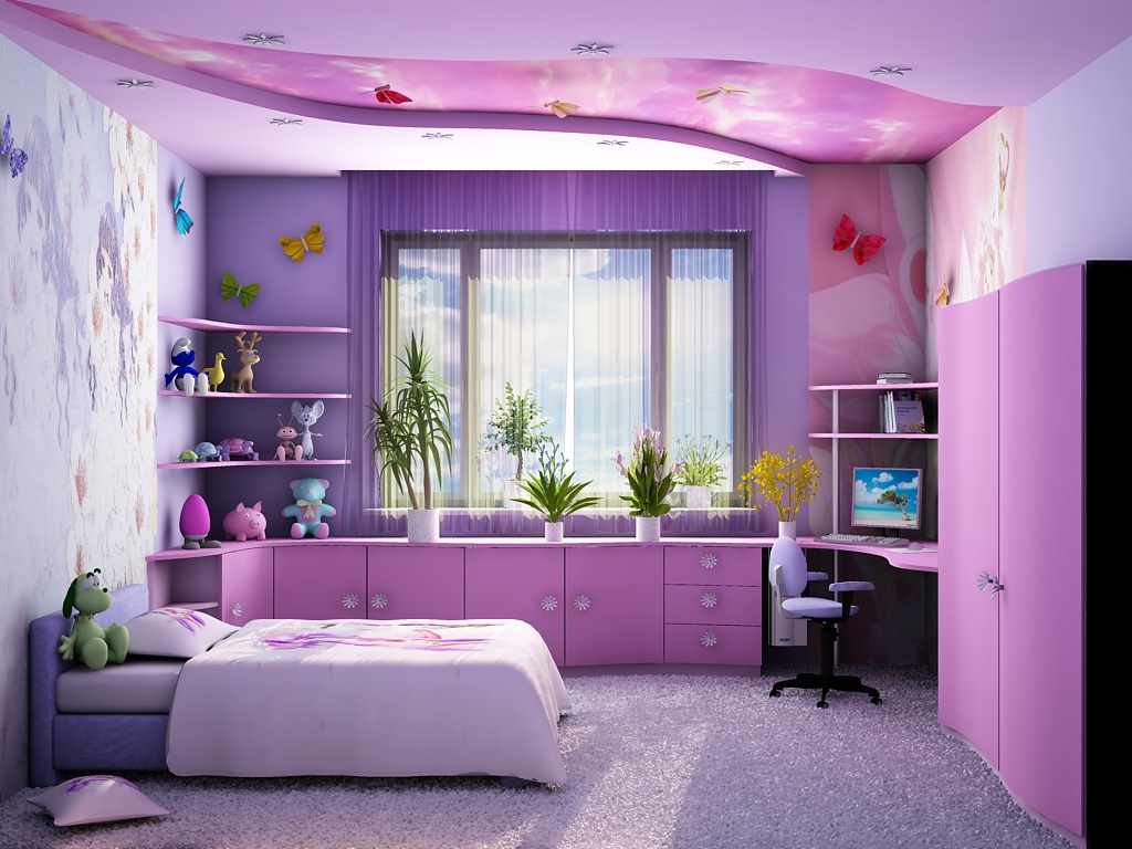 Un esempio di un interno luminoso di una stanza per bambini per una ragazza
