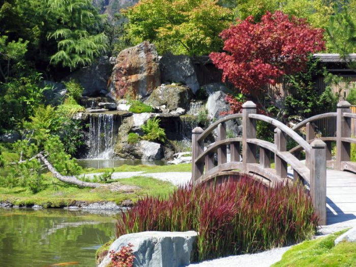 Stone waterfall and wooden bridge in Chinese garden