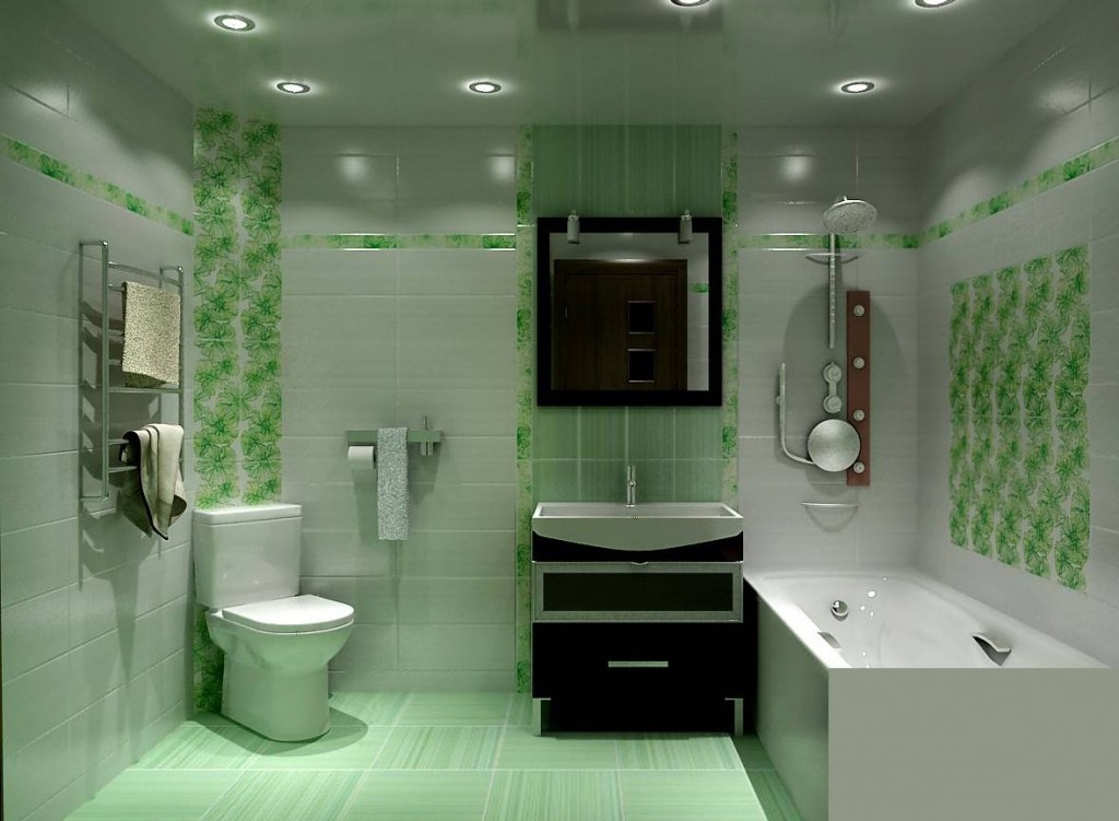 Design of combined bathroom in light green colors