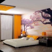 Panoramic photo wallpaper in the bedroom with orange curtains