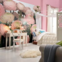 Bright pink bedroom with photo wallpaper