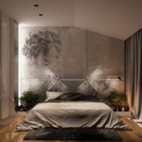 Gray tones in the bedroom with photo wallpaper