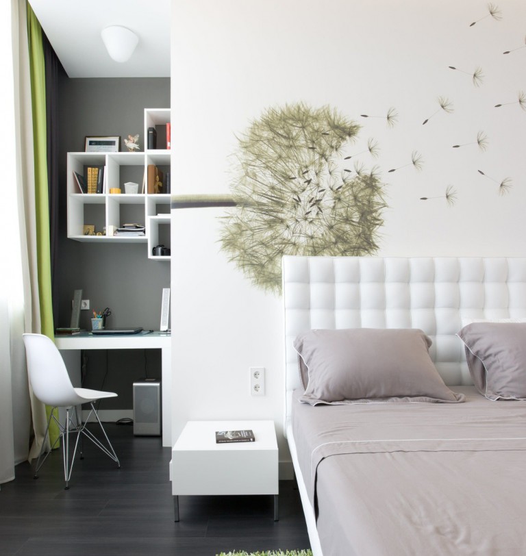 Wall mural with dandelion in a bright bedroom